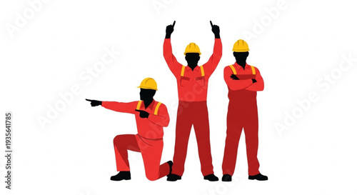 Three construction workers in red uniforms and yellow helmets standing and pointing.