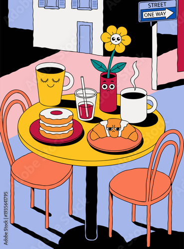 Whimsical illustration of a cafe table with anthropomorphic coffee, croissant, and donuts, set against a stylized urban backdrop.