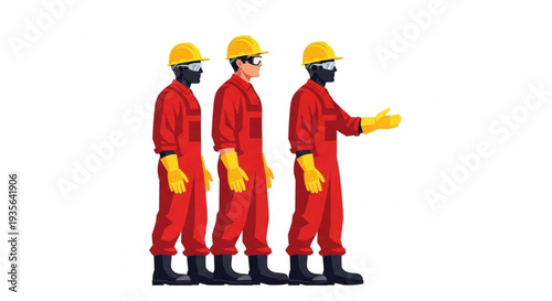 Three construction workers in red uniforms and yellow helmets.