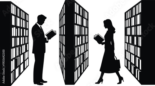 Library reading silhouettes with bookshelves, man and woman reading books illustration, education knowledge concept, bookstore study scene vector