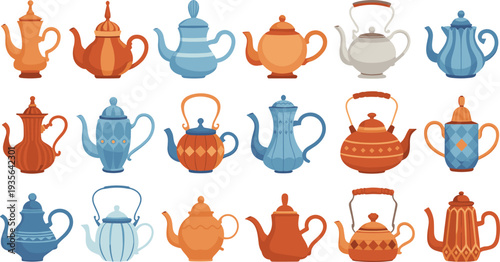 Colorful decorative teapots set illustration, vintage tea pot collection, traditional kettle designs, kitchen teaware icons, flat cartoon style