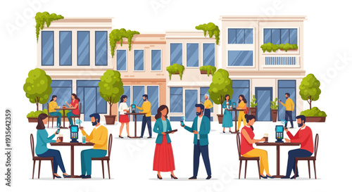 Diverse people enjoying outdoor cafe dining with modern buildings and greenery