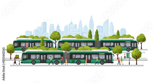 Eco-friendly green buses with rooftop gardens in a modern city landscape
