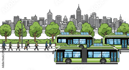 Green city buses with solar panels in urban landscape, people walking on street.