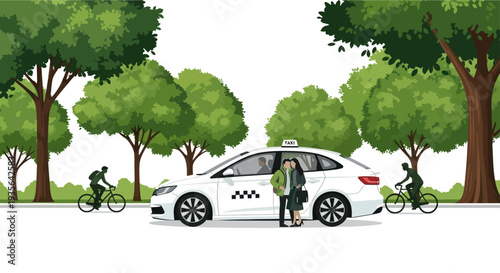 White Taxi Car with Passengers on City Street, Green Trees, Cyclists, Urban Transportation