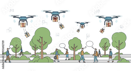 Drone Delivery Service Over City Park with People Walking and Talking