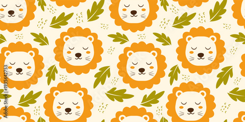Lion and Jungle Leaves Seamless Pattern Design
