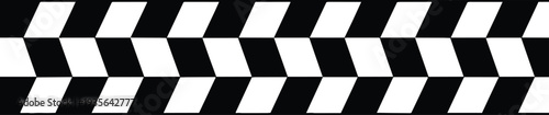 Seamless horizontal black and white checkered border design featuring abstract geometric zigzag pattern with repetitive rectangular shapes for decorative racing or modern graphic edge accents