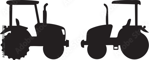 Farm Tractor Silhouettes Pair - Classic & Loader Tractor Side View Black Vector Icons Isolated on White