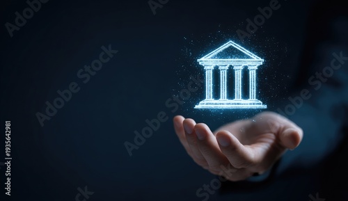 Digital glowing building icon floats above an open hand