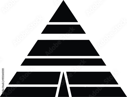 Abstract black pyramid icon with geometric horizontal layers and a central doorway representing corporate hierarchy structures business management levels or ancient Egyptian architecture symbol design