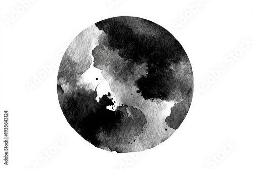Abstract, monochrome ink painting in a circle. Grays and blacks blend and bleed
