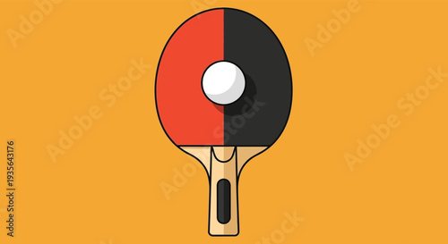 Modern ping pong paddle with ball on vibrant orange background