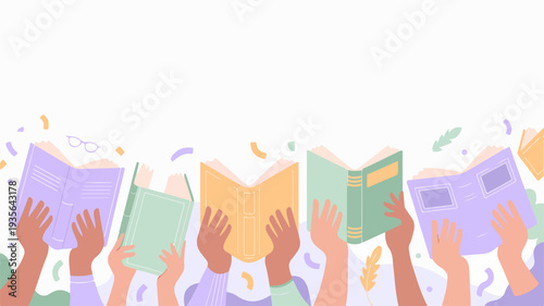 Diverse hands holding open books in celebration with confetti