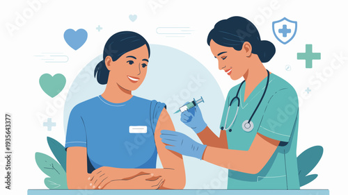 Nurse administering vaccine to patient in blue shirt with medical symbols around them in green and blue colors