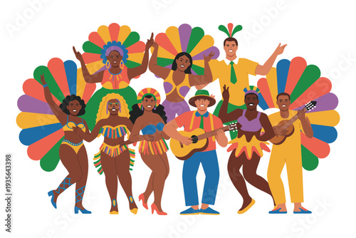 A vibrant illustration of people in colorful costumes celebrating Carnaval with music and dance