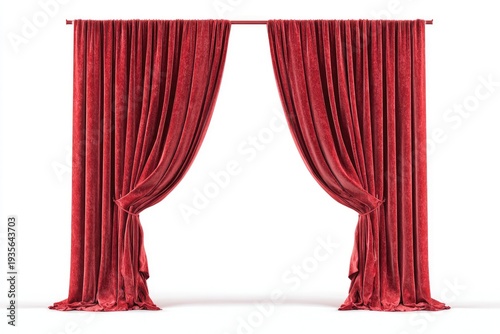 Lush red velvet stage curtains, open, against a white background