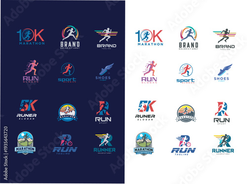 Set Running Marathon Jogging Logo Emblems Labels Stock Vector