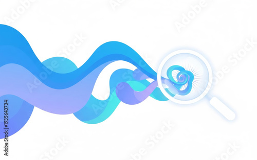A magnifying glass zooms in on abstract blue waves in a digital illustration from a close-up viewpoint