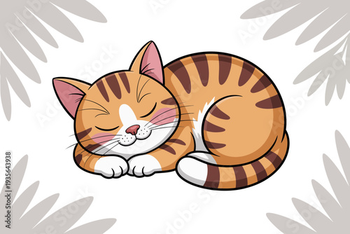 A cute cartoon cat sleeping peacefully on a white background