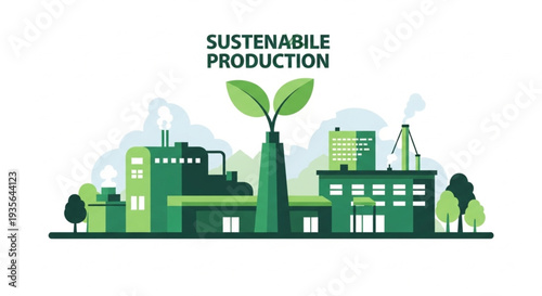 Sustainable Production Factory with Green Plant Growth.
