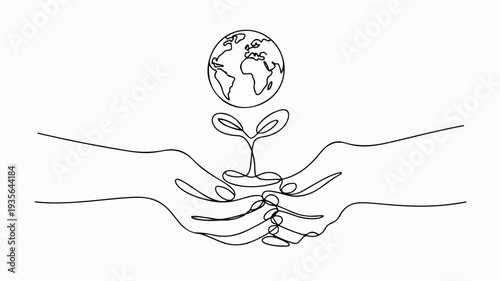 Hands cradling a small plant with the Earth floating above it, symbolizing care and environmental protection