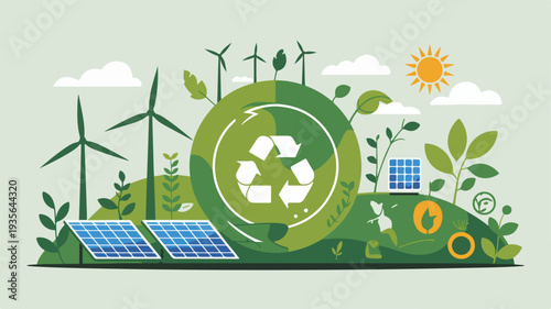 Sustainable development concept featuring renewable energy sources and eco-friendly practices in a serene landscape