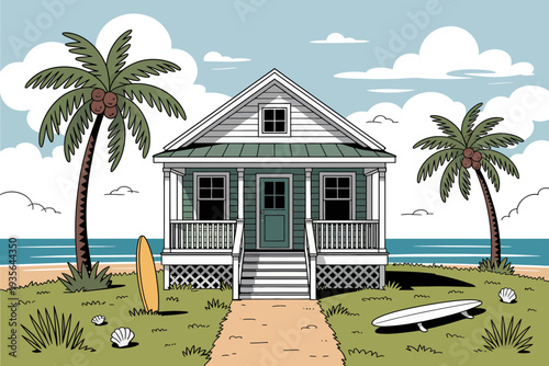 A beach house illustration with a green roof and palm trees nearby