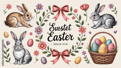 Decorative Easter illustration featuring bunnies, eggs, and flowers in a festive wreath with a basket