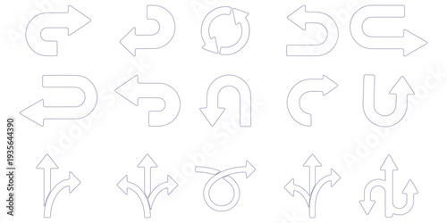 Road traffic direction arrows flat set. You-turn, left, right, two way, three way transportation direction arrow symbol. decision icon vector Trafic way icon
