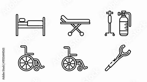 Medical equipment icons including hospital bed, stretcher, oxygen tank, wheelchairs, and wrench illustrated in simple line art style