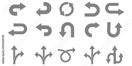 Road traffic direction arrows flat set. You-turn, left, right, two way, three way transportation direction arrow symbol. decision icon vector Trafic way icon