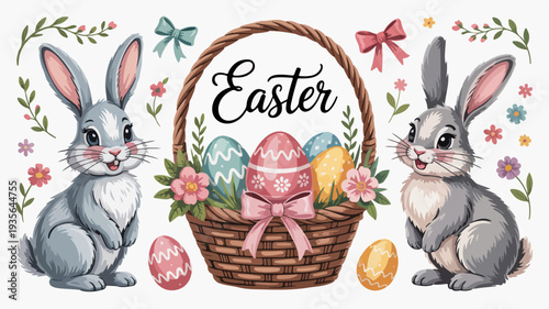 Two adorable Easter bunnies sitting beside a wicker basket full of colorful eggs