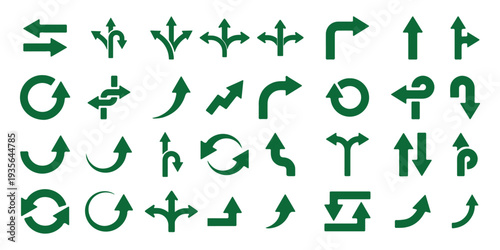 Road traffic direction arrows flat set. You-turn, left, right, two way, three way transportation direction arrow symbol. decision icon vector Trafic way icon