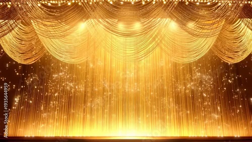 Golden stage curtain with sparkling lights creating a glamorous atmosphere for performances and events. Ideal for celebrations and entertainment showcases