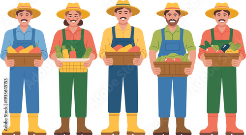 Farmers illustration with five men holding baskets of fresh produce