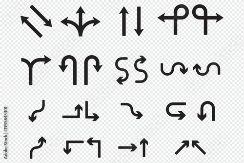 Collection of black vector arrows in various directions and styles. Includes flat arrow icons for navigation, user interface, road signs, and wayfinding. Features turning arrows, Vector Illustration.