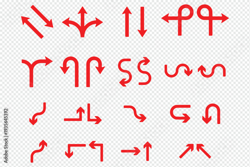 Collection of black vector arrows in various directions and styles. Includes flat arrow icons for navigation, user interface, road signs, and wayfinding. Features turning arrows, Vector Illustration.