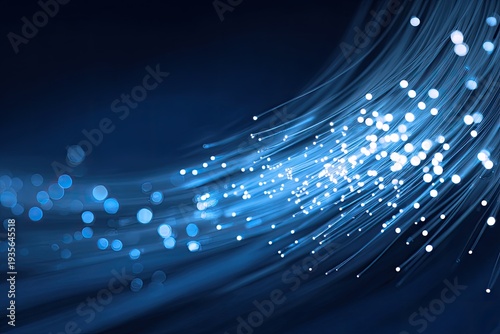 Abstract glowing fiber optics threads against dark blue background