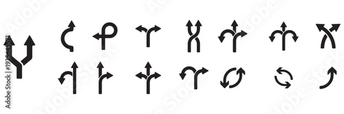 Road way direction arrow sign. Road navigation arrows. Driving direction mark, location point crossroad circle turning route black pictograms.