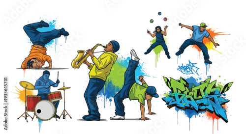 Colorful urban street musicians and dancers in graffiti mural.