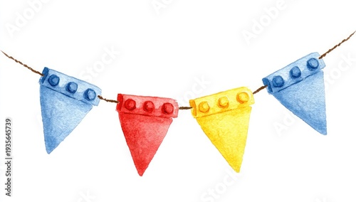 Watercolor illustration of a colorful garland with triangular pennant flags on a string