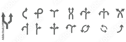 
Navigation direction arrows icon set collection with multiple path choices, decision making and road fork symbols in blue and gray isolated on white background vector.