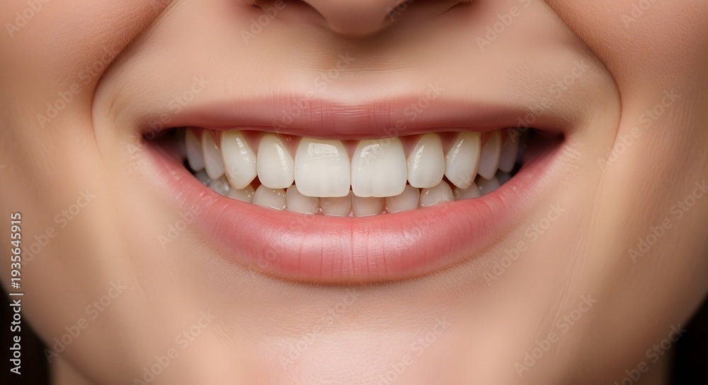 Obraz premium A close-up of a woman's face showing her bright smile with white teeth