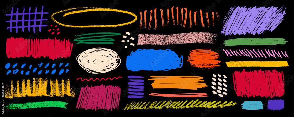Fototapeta premium Crayon highlight strokes and scribble shapes in bright red, blue, yellow, green, orange on black background. Crayon highlight elements with pencil texture. For posters and presentation slides