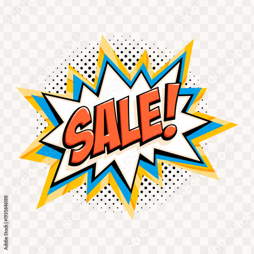 Comic style sale starburst with bold red lettering, layered blue and yellow burst shapes and halftone dots, isolated on transparent background. Eye catching discount badge in retro pop art design.