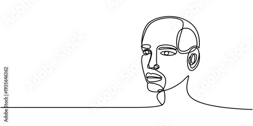 Robotic head continuous one line drawing, AI artificial intelligence and digital technology brain data robot conceptual. humanoid face line art. continuous line drawing sketch