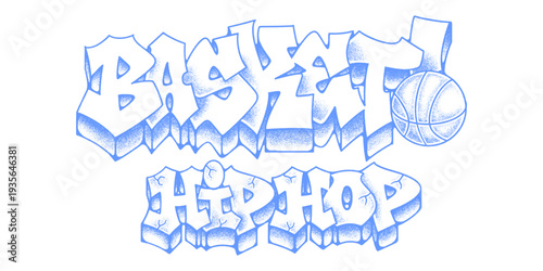 Basketball Graffiti And Hip Hop Throw Up Graphic in Blue and White Old School Style with Pointillism Shading and Athletic Urban Identity.