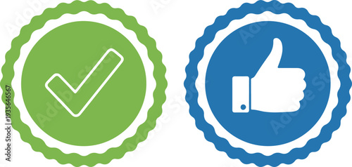 Green checkmark and blue thumbs up icons vector illustration, flat design symbols