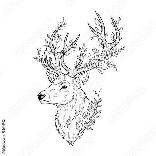 A black deer head silhouette and vector illustration of a wild stag with antlers isolated on a white background for Christmas or nature designs